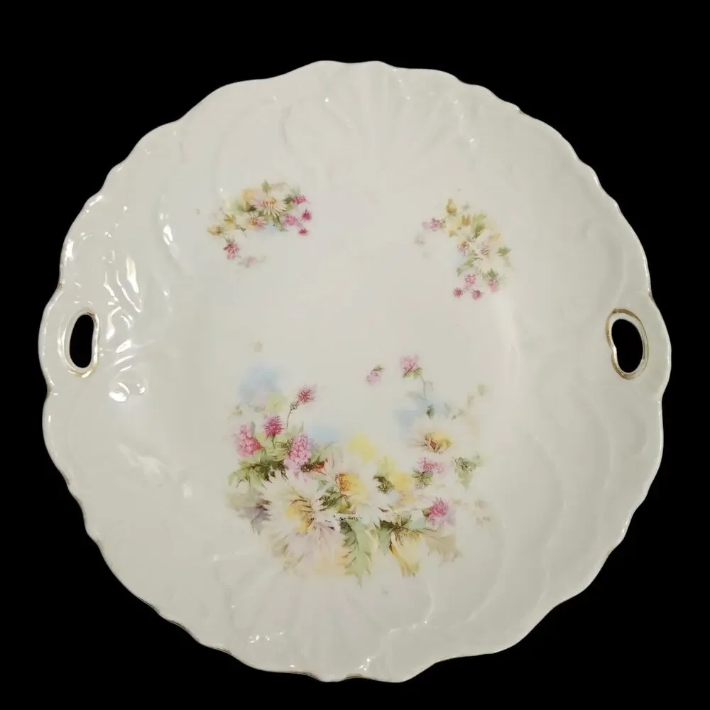 Vintage Floral Porcelain Cake Plate Handles Gold Trim Scalloped Edge